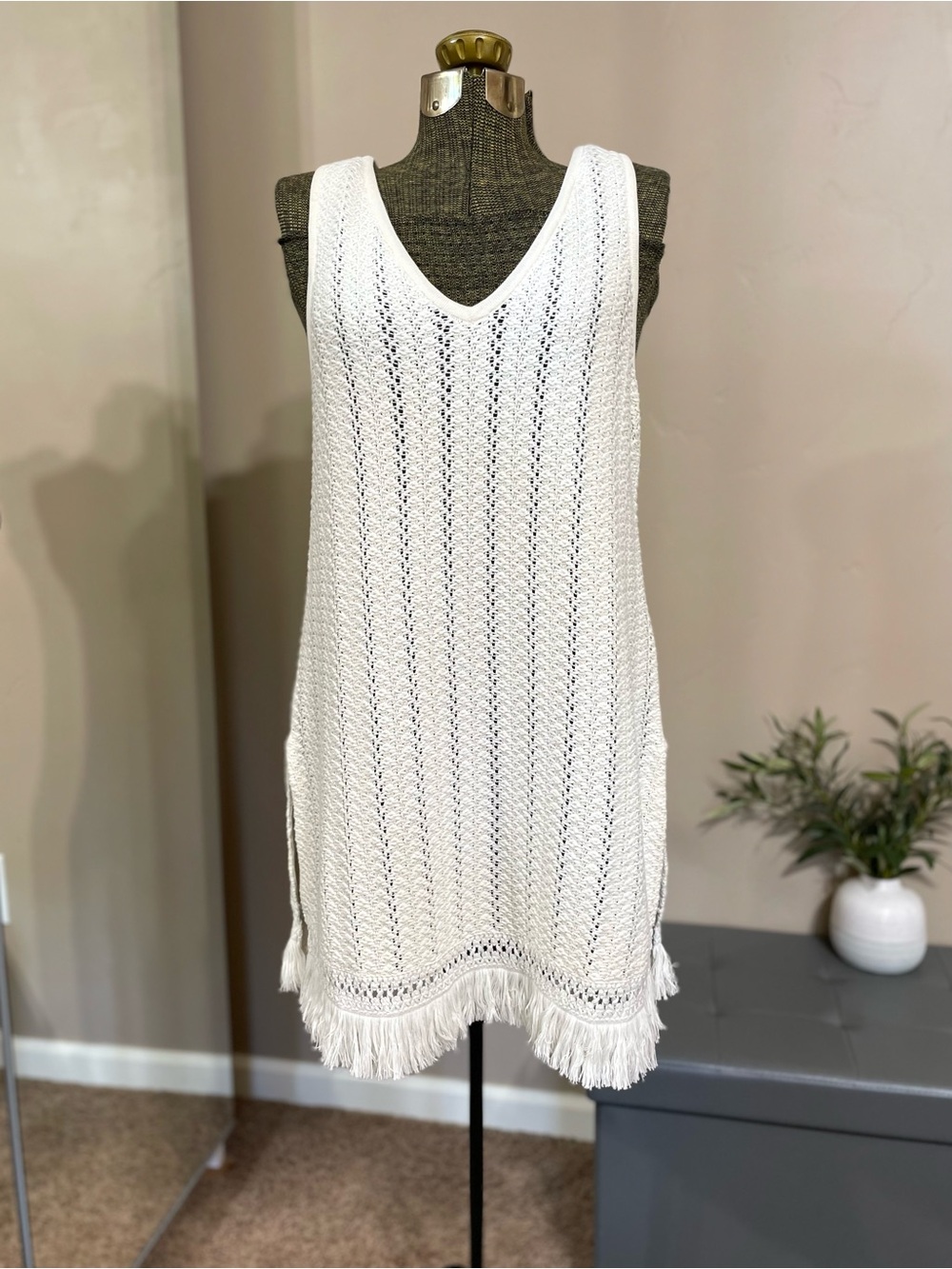 Anthropologie Ivory Open Knit Crochet Fringe Tunic Tank Mini Dress Boho Coverup